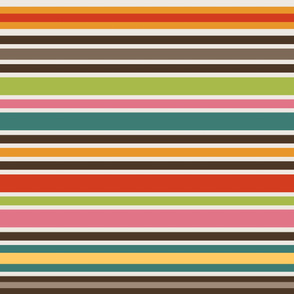 Retro Bohemian Mid Century Horizontal Stripes //  Red, Orange, Yellow, Teal, Pink, Green, Light Khaki Tan