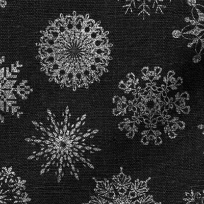 Silver Glitter Snowflakes on Dark Grey Linen - medium scale