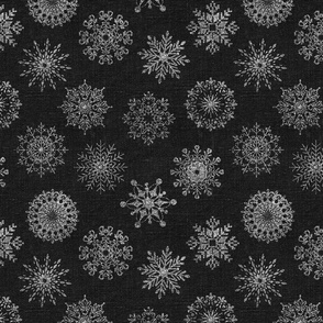 Silver Glitter Snowflakes on Dark Grey Linen - medium scale