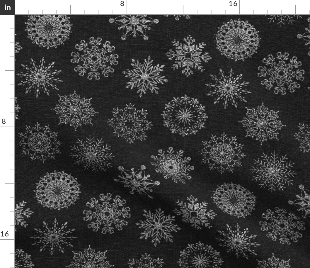 Silver Glitter Snowflakes on Dark Grey Linen - medium scale