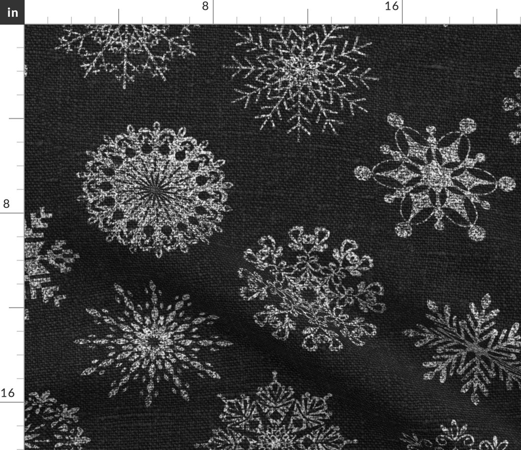 Silver Glitter Snowflakes on Dark Grey Linen - large scale
