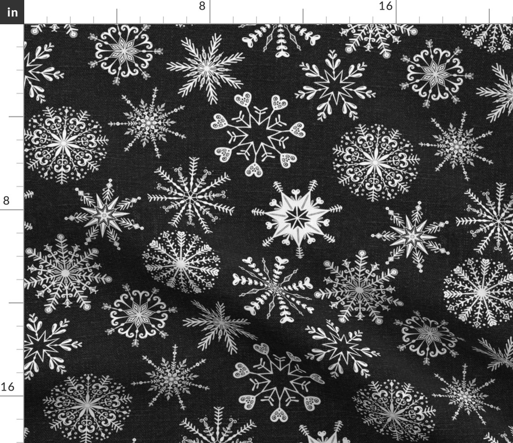 Snowflakes on Dark Grey Linen - medium scale