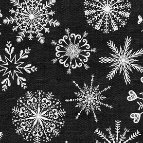 Snowflakes on Dark Grey Linen - large scale