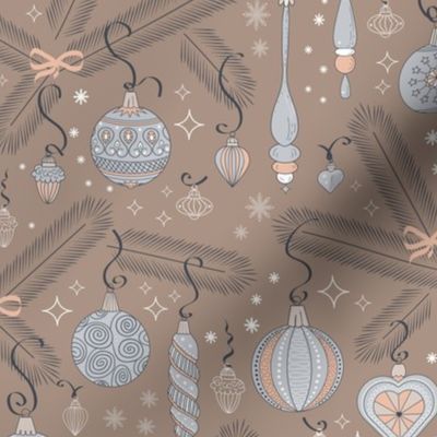 calm and elegant seasonal pattern with stylized pine brunches and christmas ornaments -  Nude Christmas collection