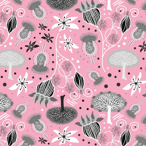 Alien Fantasy Garden (Abstact) - light greyscale on coral pink