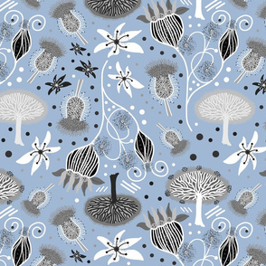 Alien Fantasy Garden (Abstact) - light greyscale on slate steel blue 