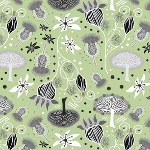 Alien Fantasy Garden (Abstact) - light greyscale on Seafoam green