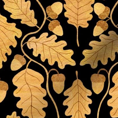 Golden oak leaves on black