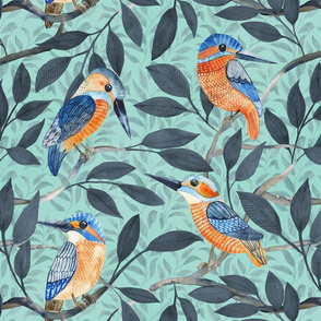 Kingfisher  pattern  with mint teal background big scale