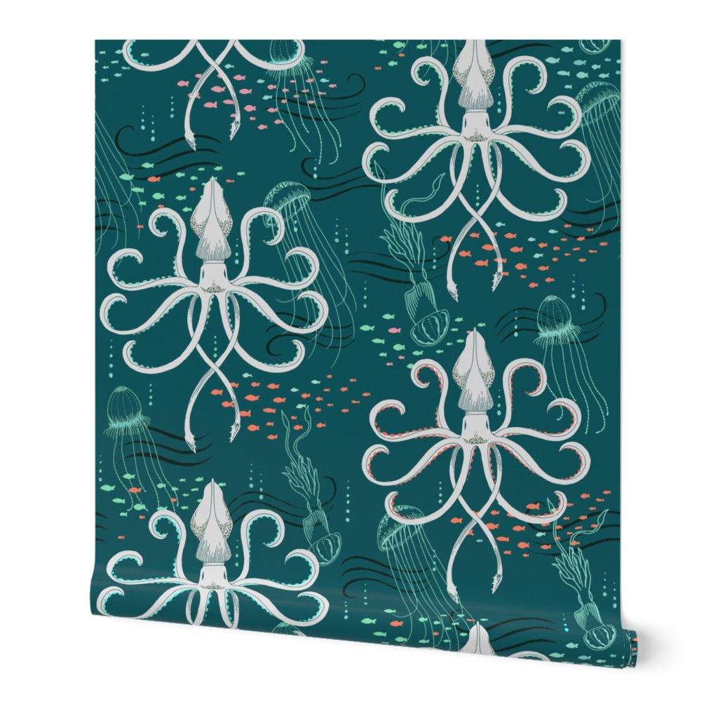GHOSTLY SQUID DAMASK LARGE  - DEEP SEA GREEN
