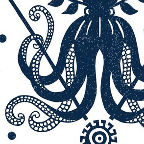 Mythos - Nautical Octopus Damask White Navy Blue Jumbo Scale