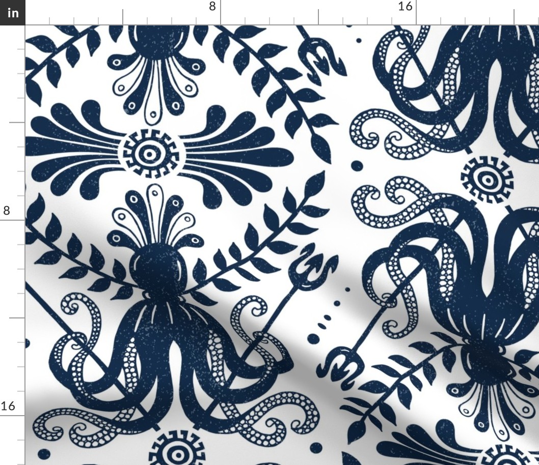 Mythos - Nautical Octopus Damask White Navy Blue Jumbo Scale