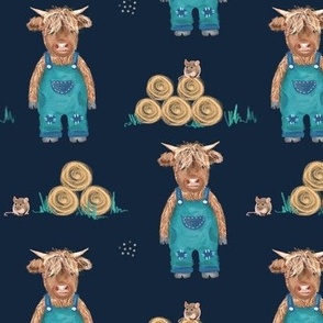 Highland Cow's Adventure, Highland Coo Baby Boy in Dungarees on a Farm Navy MED