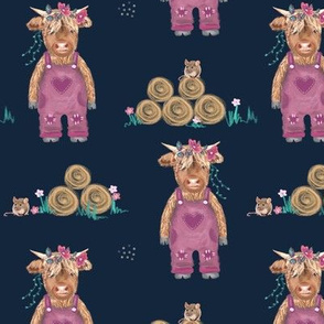 Highland Cow's Adventure, Floral Highland Coo Baby Girl in Dungarees on a Farm Navy & Pink MED