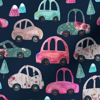 Cars Floral Pink Cars with Mountains and Trees for Girls Navy MED