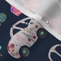 Cars Floral Pink Cars with Mountains and Trees for Girls Navy MED