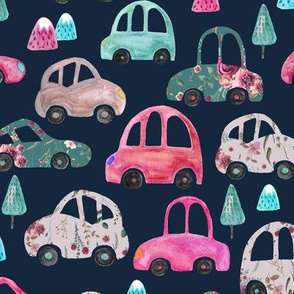 Cars Floral Pink Cars with Mountains and Trees for Girls Navy MED