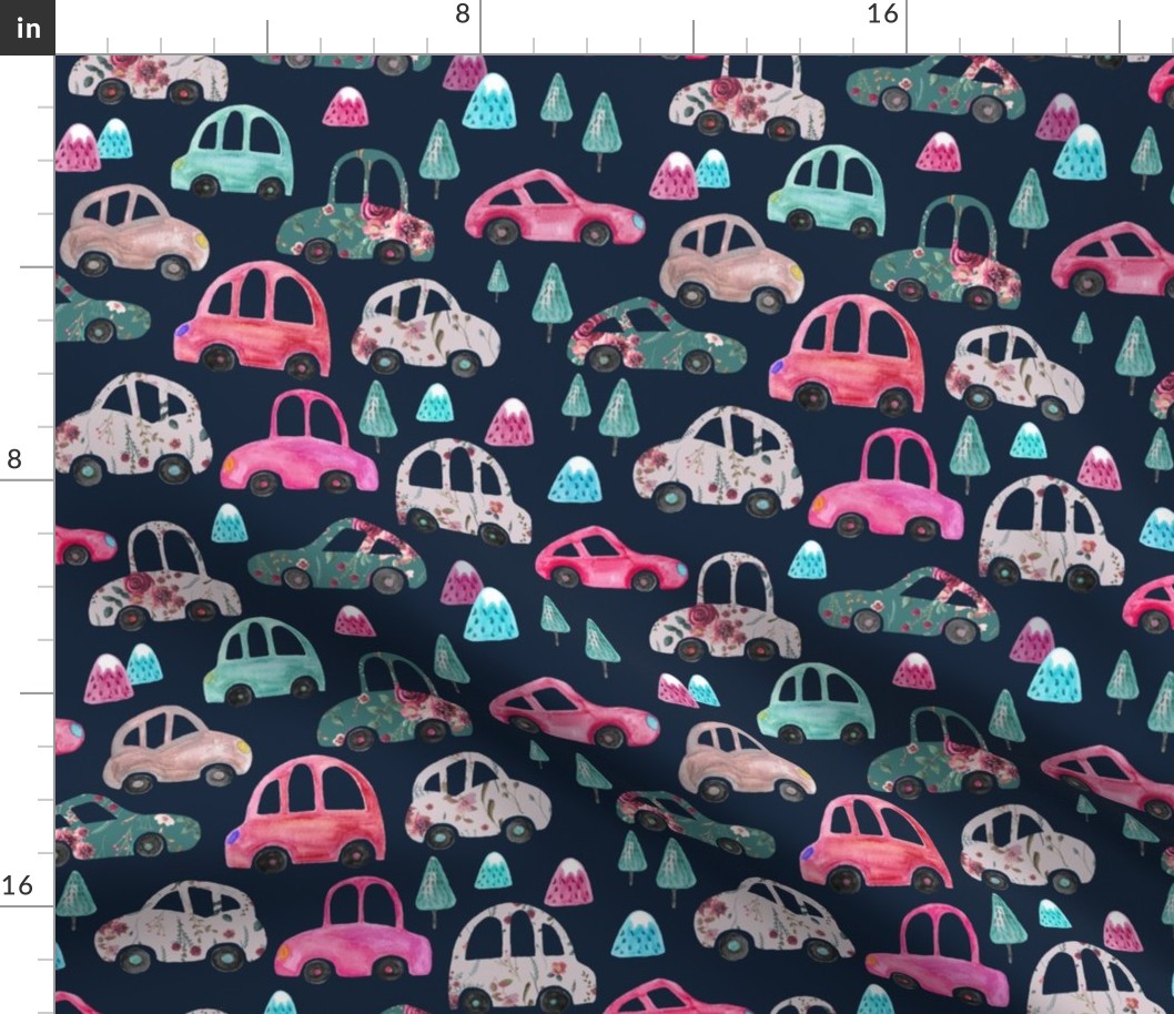 Cars Floral Pink Cars with Mountains and Trees for Girls Navy MED