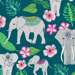 Elephants of the Jungle on Green - Large Scale