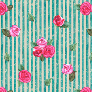 Vintage roses seamless watercolor stripes pattern 