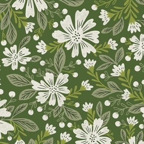 LARGE floral retro vintage green with off white cream flowers