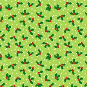 Tossed Holly and Dots on Bright Green