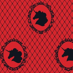 Unicorn Cameo Portrait Pattern in Midnight Black on Fiery Red