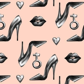 Seamless pattern woman symbol, sign of venus, stylish female pattern, heels, shoes, kiss.