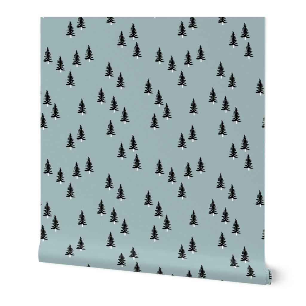 Little winter forest pine trees christmas design seasonal boho design blue black 