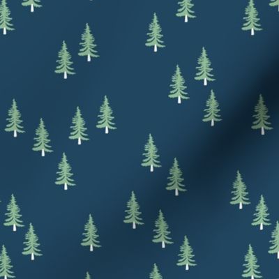 Little winter forest pine trees christmas design seasonal boho design navy blue green
