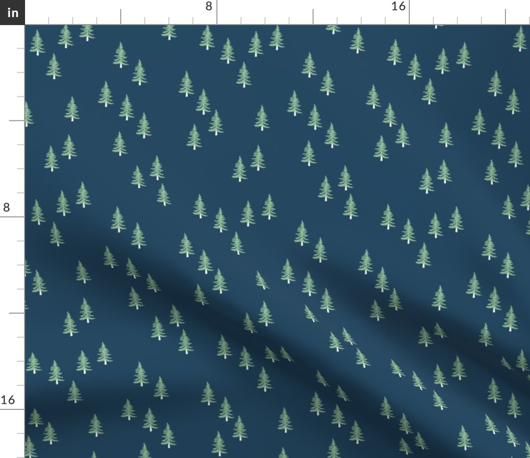 Little winter forest pine trees christmas design seasonal boho design navy blue green