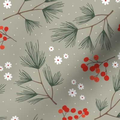 Pine needles and mistletoe christmas garden pine tree flowers boho leaves and branches design winter sage green red 