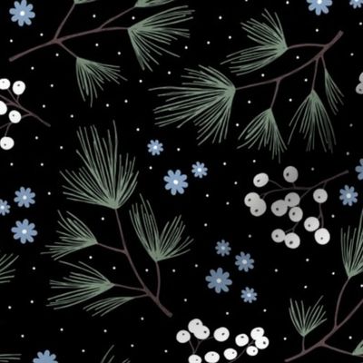 Pine needles and mistletoe christmas garden pine tree flowers boho leaves and branches design winter black green blue neutral