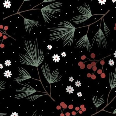 Pine needles and mistletoe christmas garden pine tree flowers boho leaves and branches design winter black red green