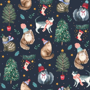 festive cats navy - small scale