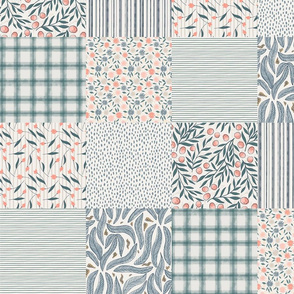 Floral, stripes and plaid Square Cheater Quilt - Whole Cloth Quilt green blue and light pink