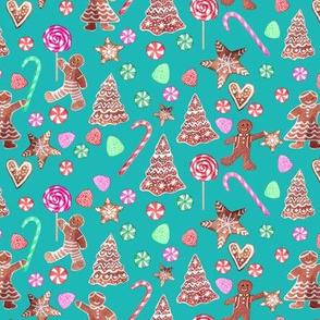 Christmas Gingerbread cookies, Holiday candy on teal