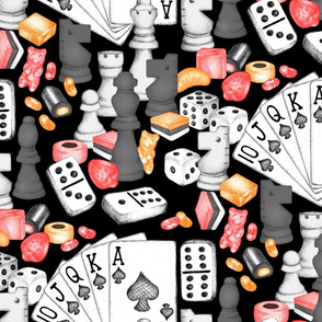 Fun in Spades on Saturday Knights - bright coral pink, melon orange, charcoal, and white on black - big scale