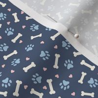 Dog Bones & Paw Prints on Blue (Small Scale)