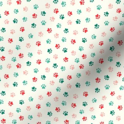 Paw Prints: Red Pink Teal Green on Cream (Small Scale)