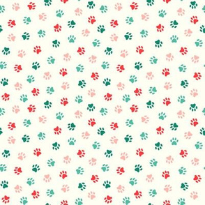 Paw Prints: Red Pink Teal Green on Cream (Small Scale)