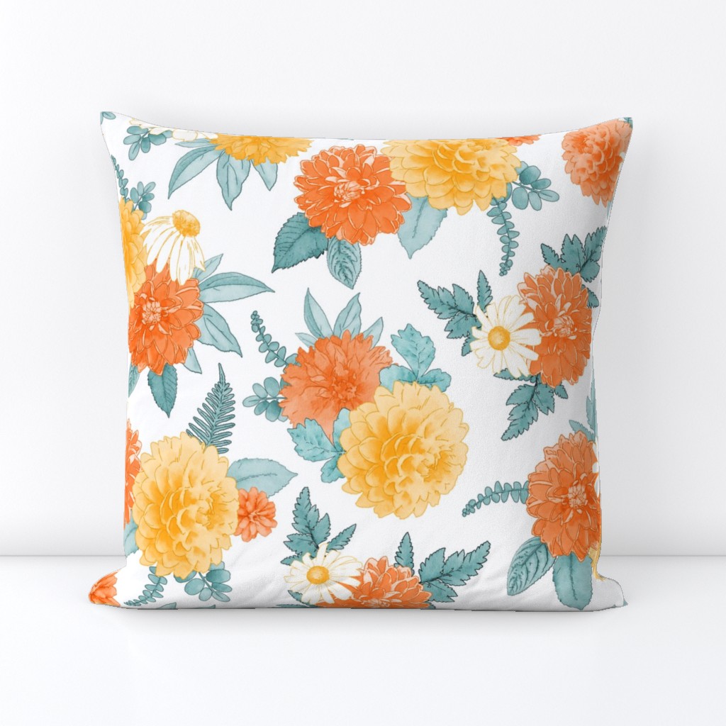 Fall Dahlias Orange Yellow Floral Watercolor Style