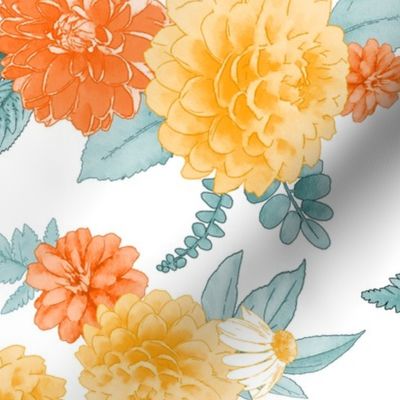 Fall Dahlias Orange Yellow Floral Watercolor Style