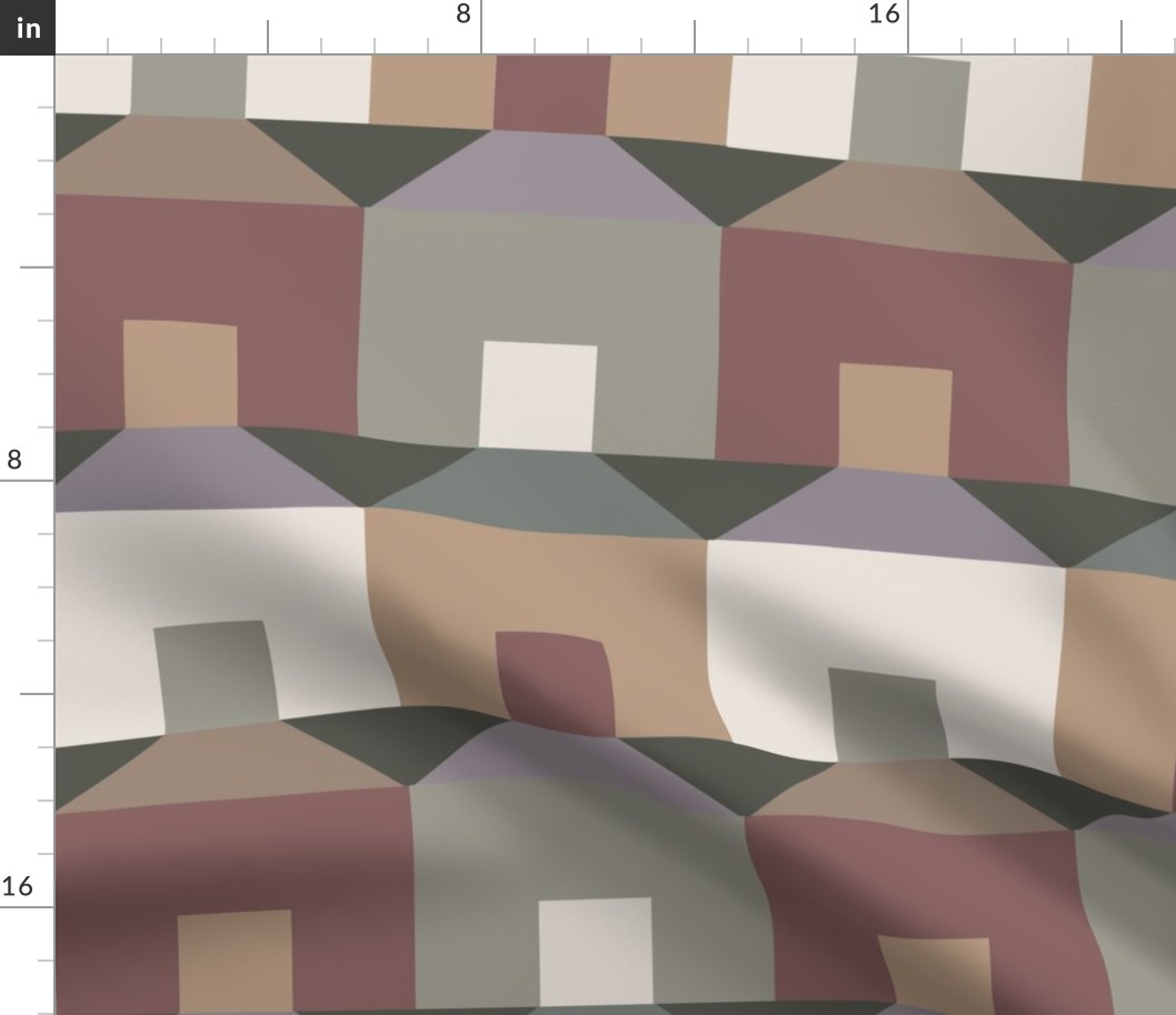 Tessellating Houses in Muted Brown Green and Lavender