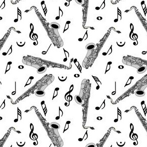 Gray Sax Black Music Notes White Background