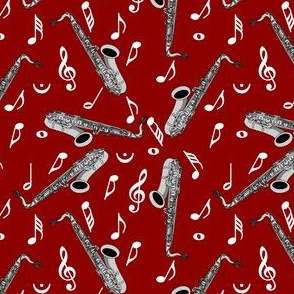 Gray Sax White Music Notes Red Background