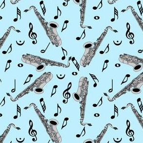 Gray Sax Black Music Notes Blue Background