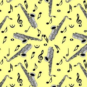 Gray Sax Black Music Notes Yellow Background