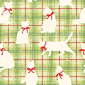 Cream Cat Silhouettes w/ Bow on Light Green Holiday Plaid