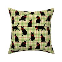 Black Cat Silhouettes w/ Bow on Green Holiday Plaid